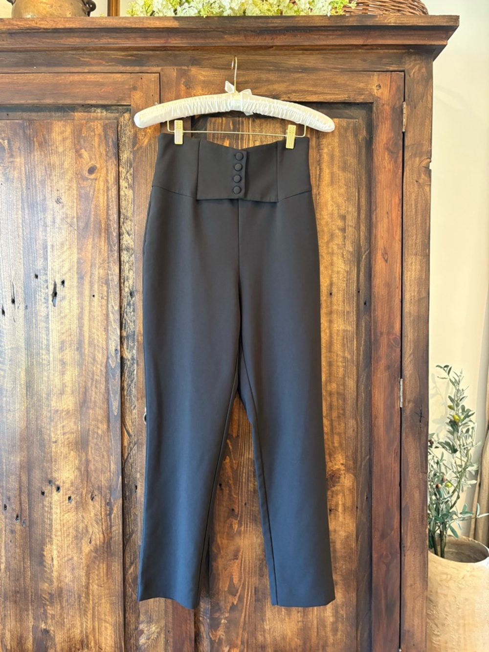 Bardot Corset Black High-Rise Straight Leg Pants with Button Waist